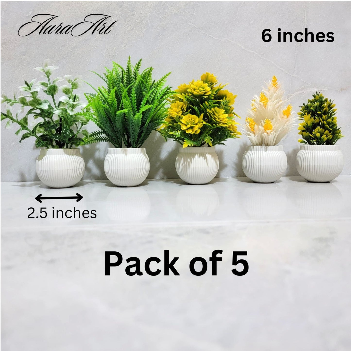 Set of 3, 5 Artificial flowers Small Plants - 6 Inches High Quality Decoration Pieces