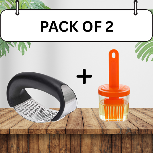 Pack of 2 - Silicone Oil Bottle Brush & Manual Garlic Press Rocker with Handle