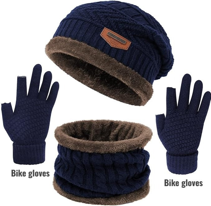 Beanie Cap-wool cap with neck warmer for men women winter cap for Unisex with free bike gloves Random colors