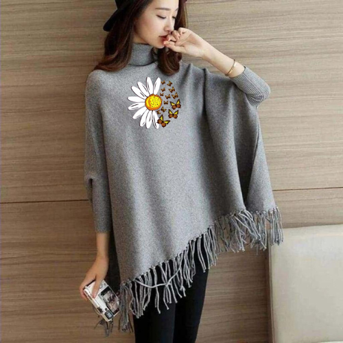 Sunflower Printed Korean Style Winter Fleece Cape Shoal Poncho For Girls