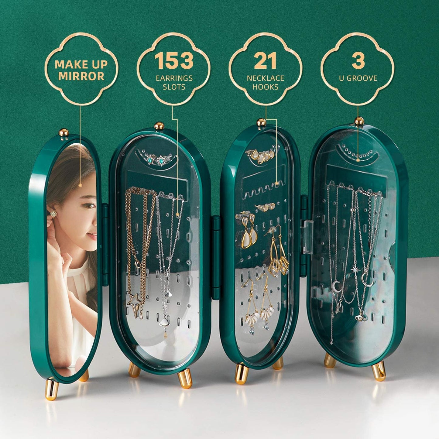 Foldable Jewellery Organizer with Mirror Ear Rings & Necklace_Hanging Holder Jewelry Box
