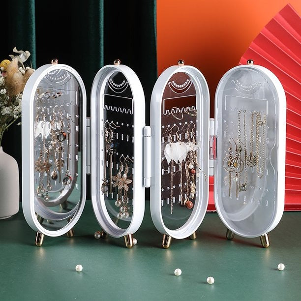 Foldable Jewellery Organizer with Mirror Ear Rings & Necklace_Hanging Holder Jewelry Box