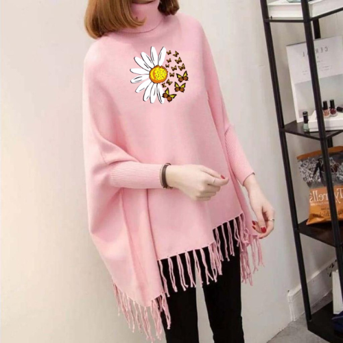 Sunflower Printed Korean Style Winter Fleece Cape Shoal Poncho For Girls