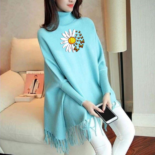 Sunflower Printed Korean Style Winter Fleece Cape Shoal Poncho For Girls