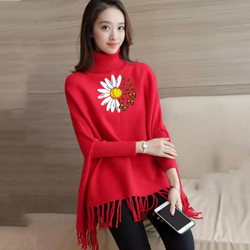 Sunflower Printed Korean Style Winter Fleece Cape Shoal Poncho For Girls