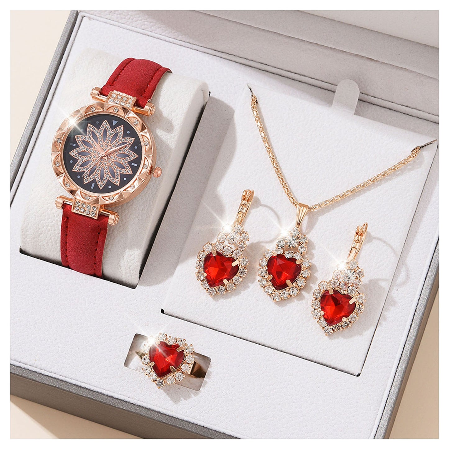Crystal Bling Jewelry Set Watch Necklace Earrings Rings