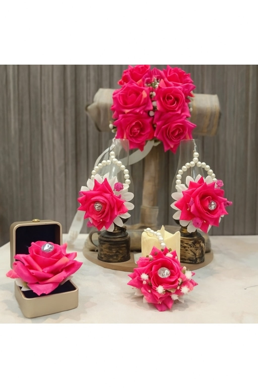 Handmade Artificial Floral Jewelry Set Pink Rose