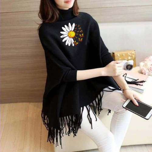 Sunflower Printed Korean Style Winter Fleece Cape Shoal Poncho For Girls