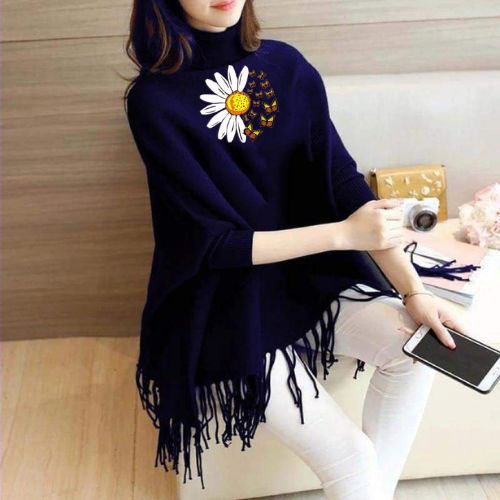 Sunflower Printed Korean Style Winter Fleece Cape Shoal Poncho For Girls