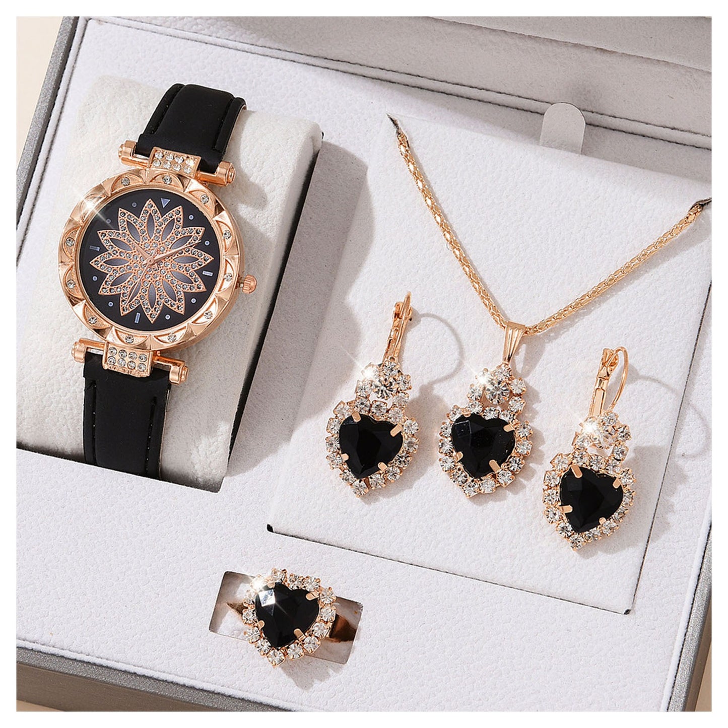 Crystal Bling Jewelry Set Watch Necklace Earrings Rings