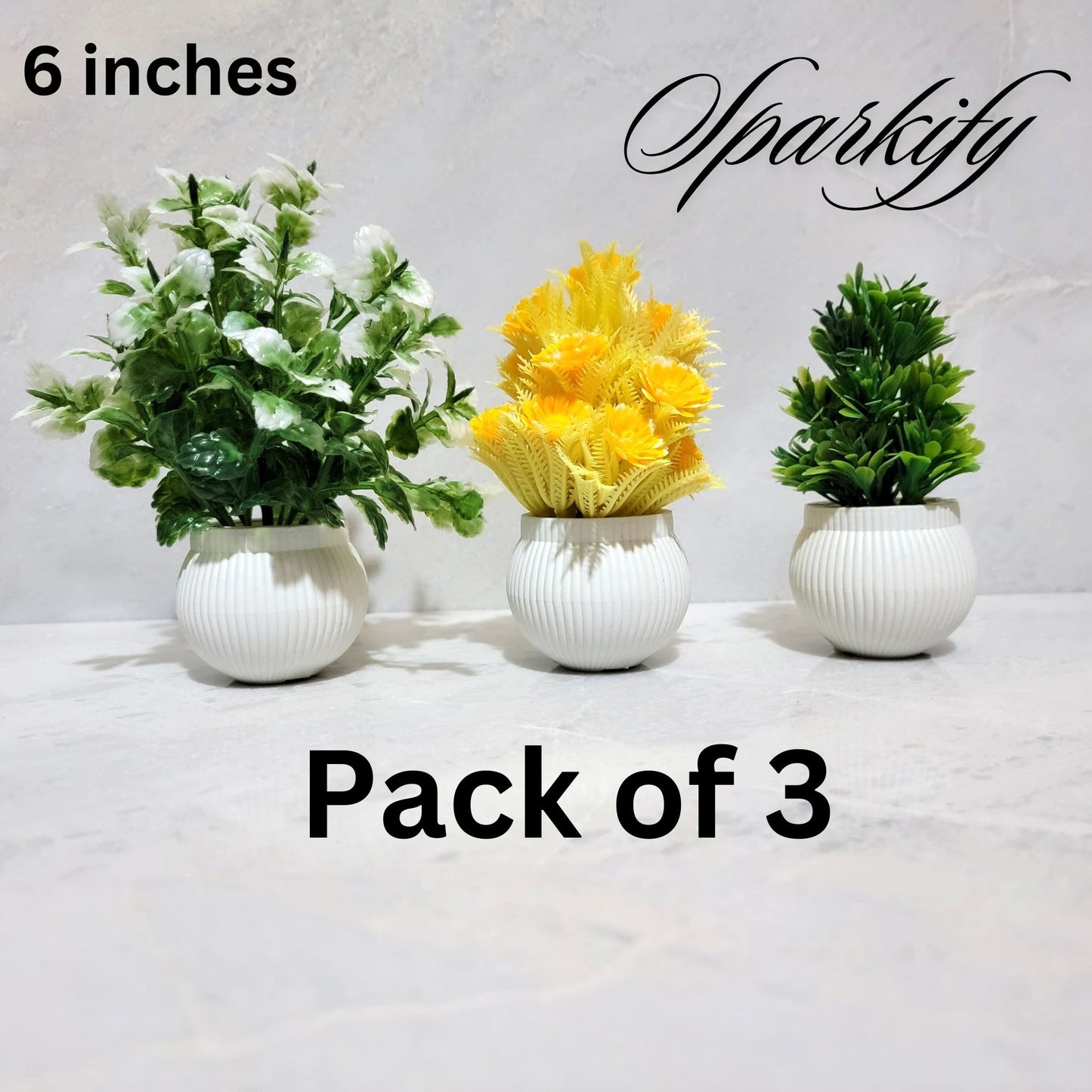 Set of 3, 5 Artificial flowers Small Plants - 6 Inches High Quality Decoration Pieces