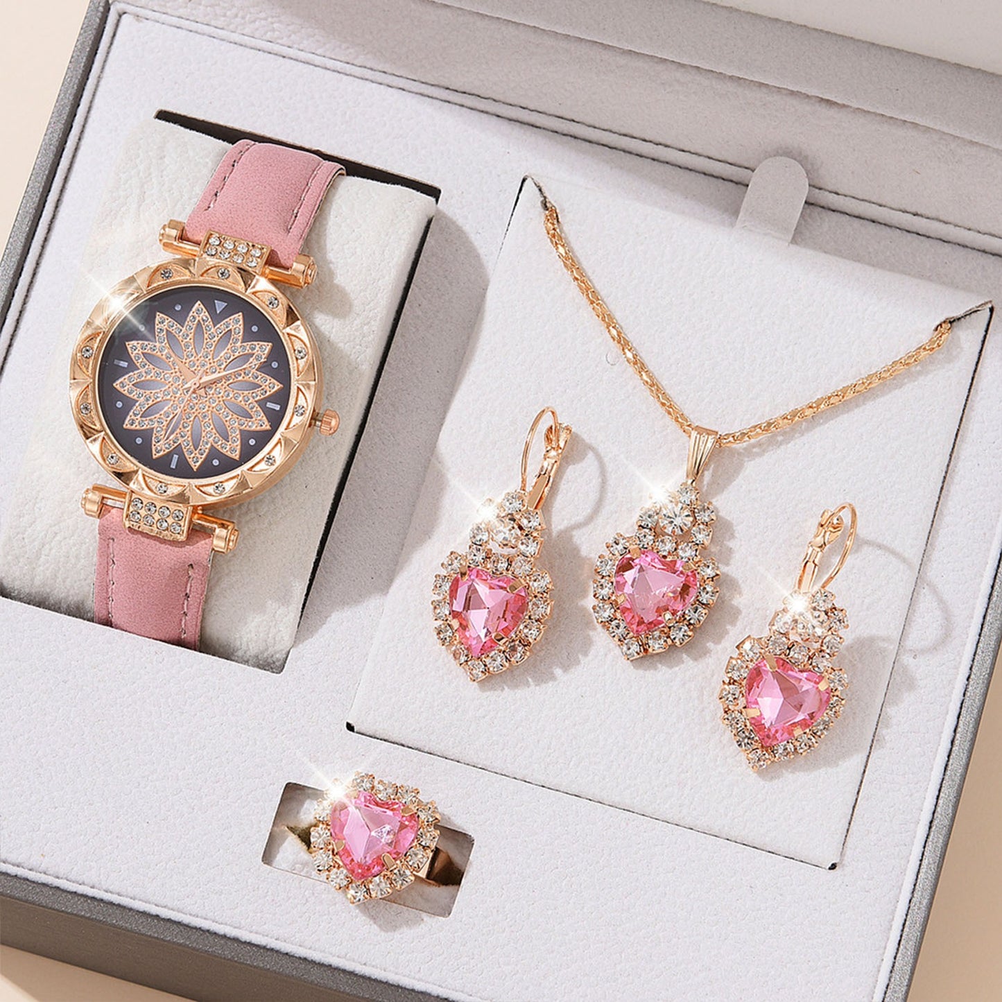 Crystal Bling Jewelry Set Watch Necklace Earrings Rings