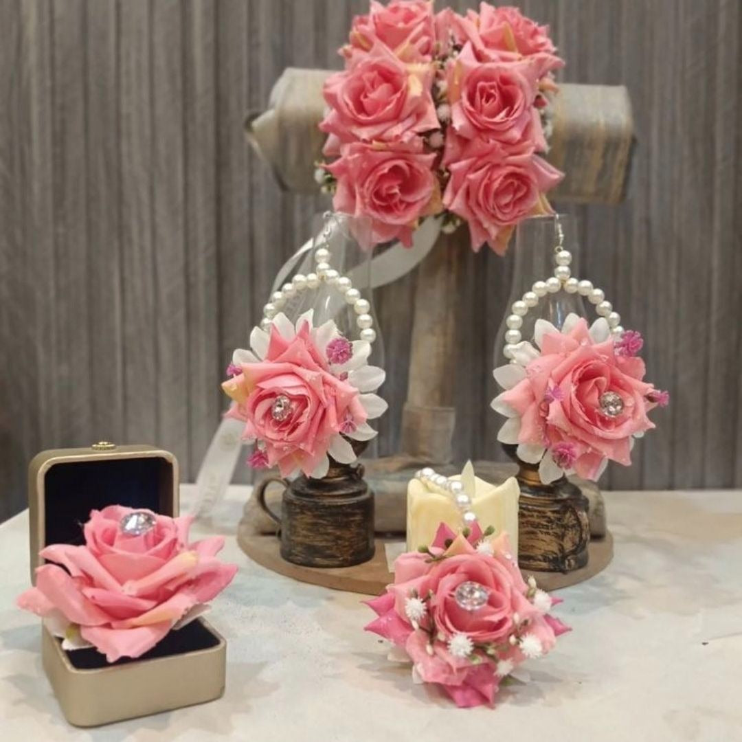 Handmade Artificial Floral Jewelry Set Pink Rose