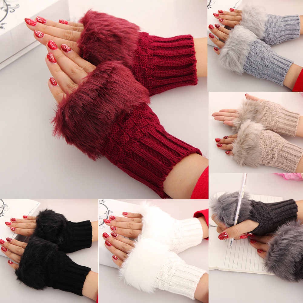 Fashion Women Faux Rebbit Fur Gloves Hand Wrist Warmer Winter Fingerless