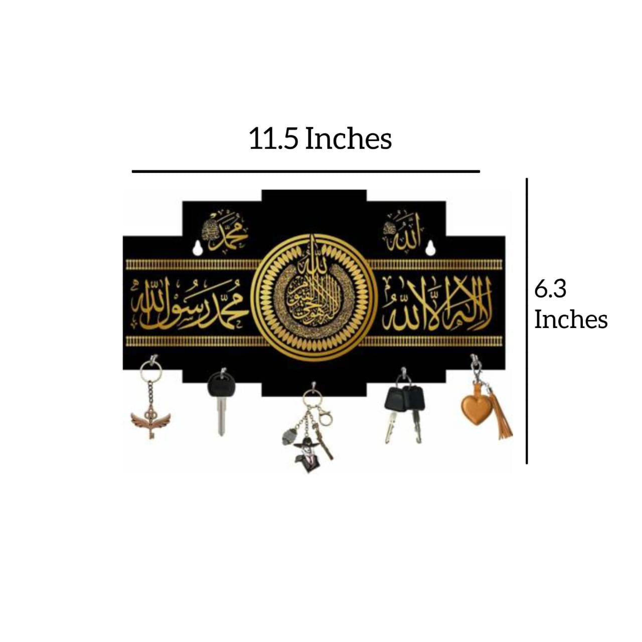 Islamic Wooden Key Holder with Kalma Calligraphy – Black & Gold Wall Hanging Key Organizer with Hooks