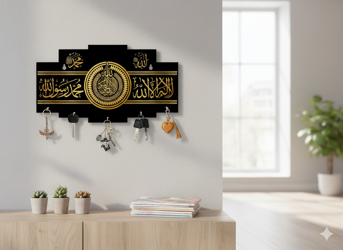 Islamic Wooden Key Holder with Kalma Calligraphy – Black & Gold Wall Hanging Key Organizer with Hooks
