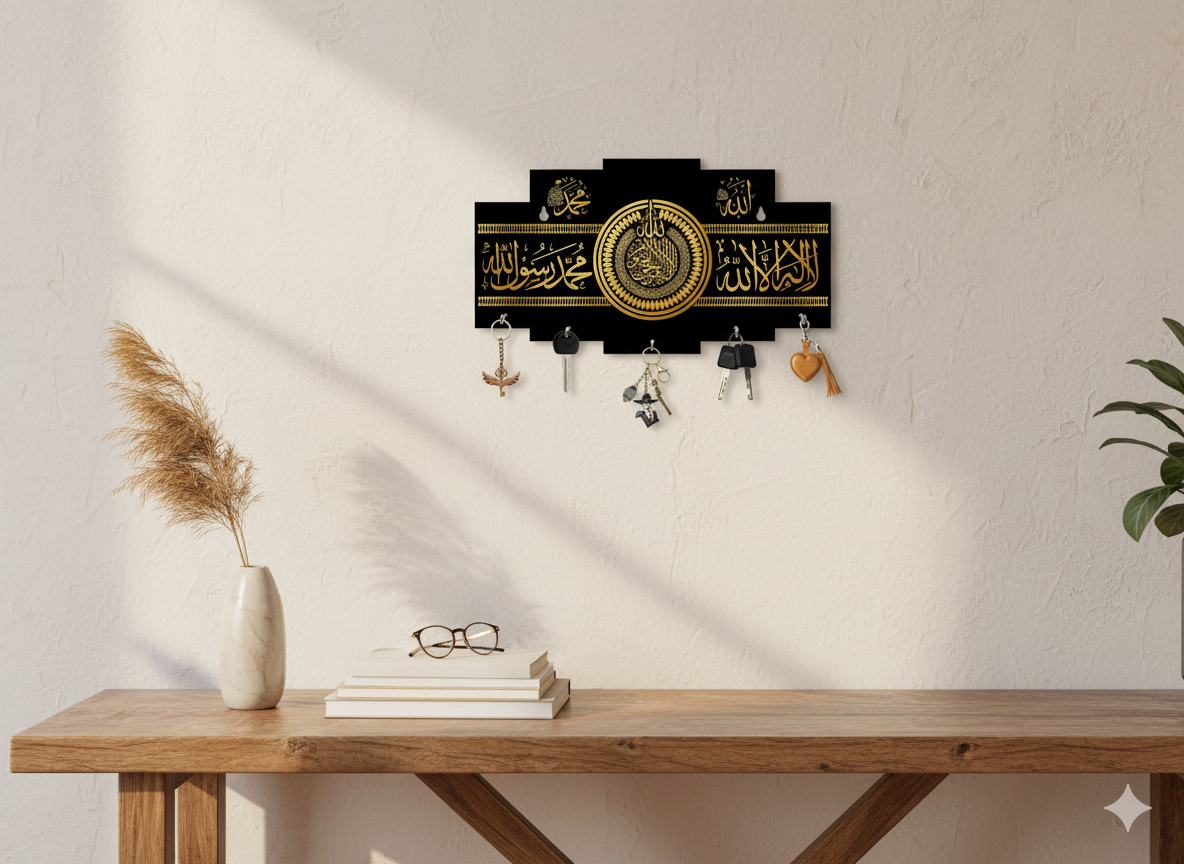 Islamic Wooden Key Holder with Kalma Calligraphy – Black & Gold Wall Hanging Key Organizer with Hooks