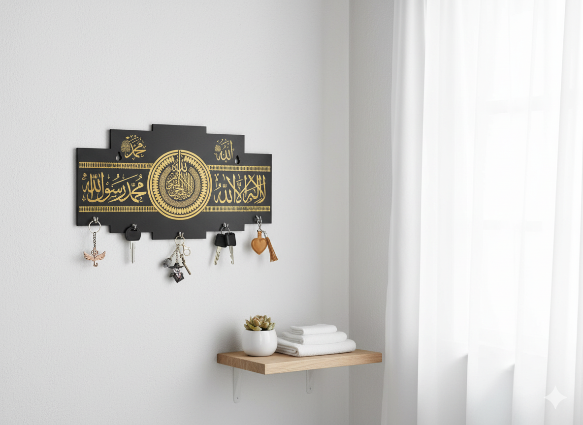 Islamic Wooden Key Holder with Kalma Calligraphy – Black & Gold Wall Hanging Key Organizer with Hooks